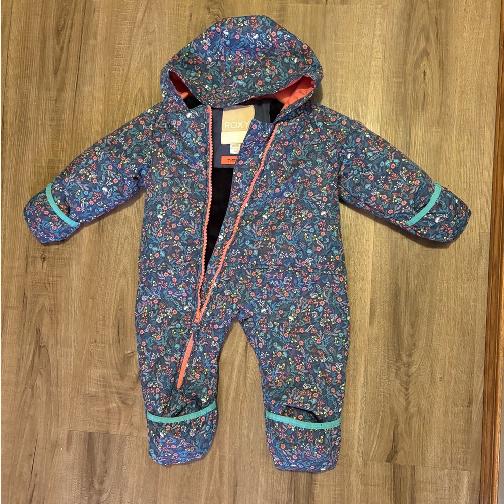 Roxy Navy Floral Quilted Snowsuit with Coral and Aqua Trim